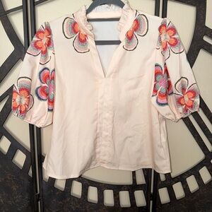 Embroidered Floral Puff-Sleeve Blouse - Apricot pink